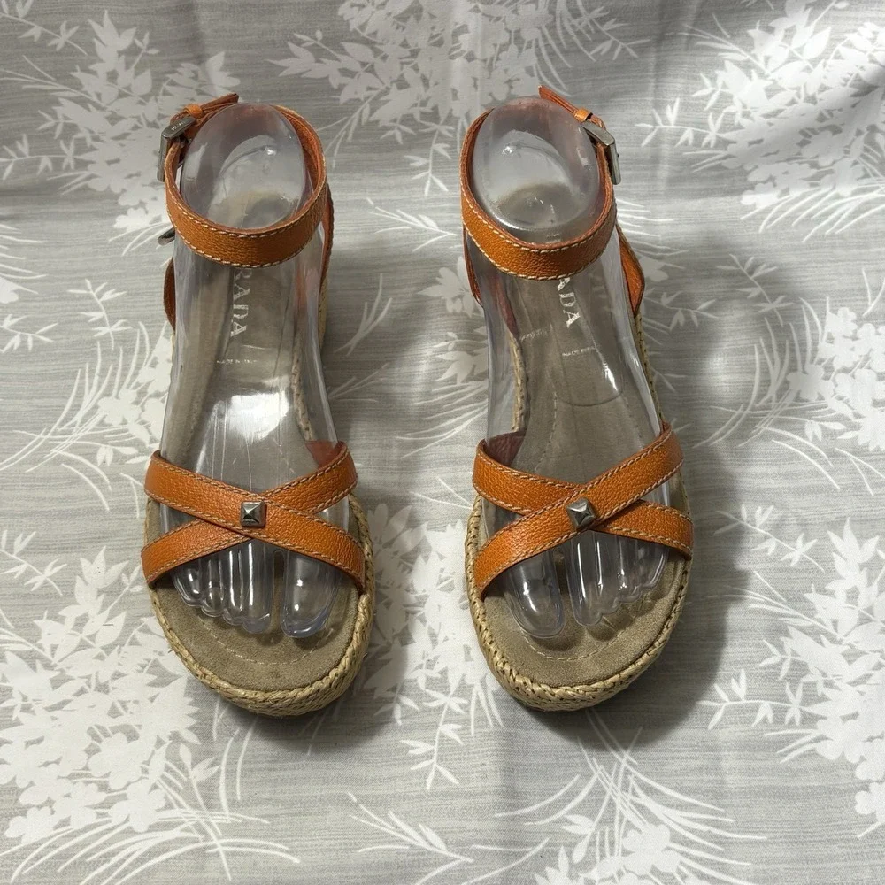 Prada Orange Leather Espadrille Wedge Sandals